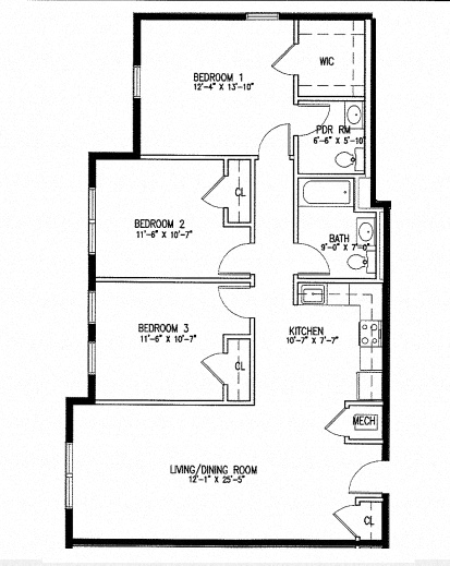 Floor plan for 3 beds, 1.5 baths, 1150 sqft